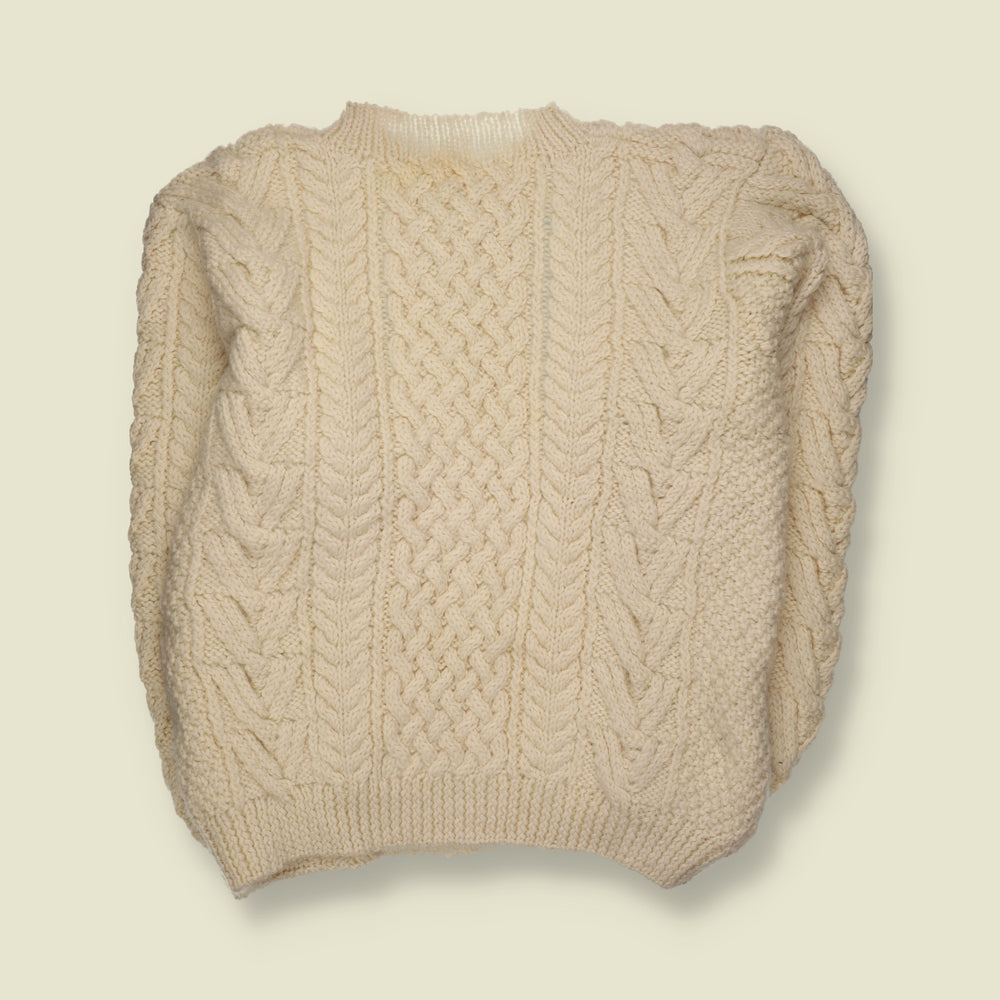 1970s | Wool Chunky Aran Cable Knit Crew Neck Jumper | Cream - 4XL