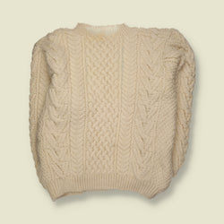 1970s | Wool Chunky Aran Cable Knit Crew Neck Jumper | Cream - 4XL