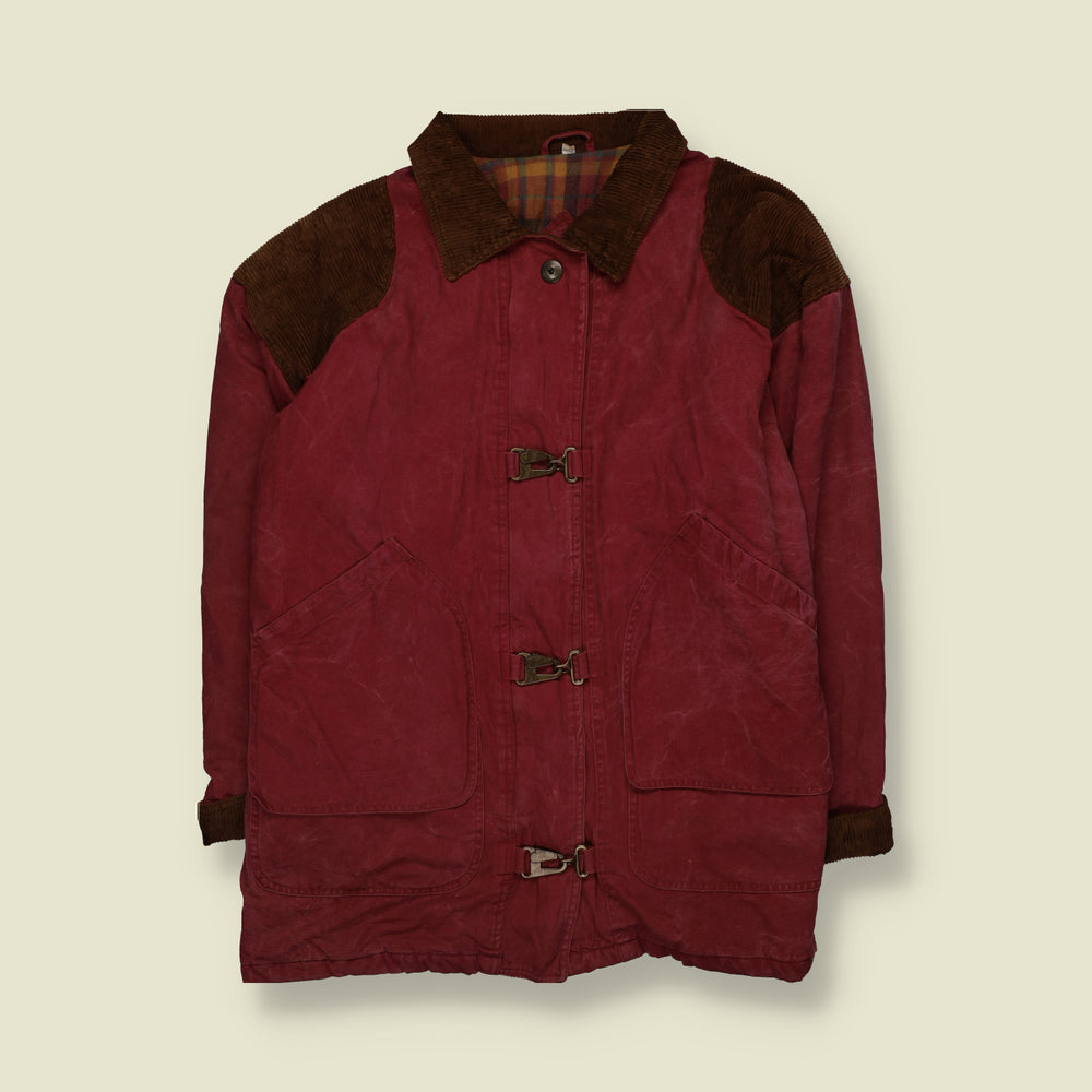 1990s | Spencer Douglas | Fireman Clasp Barn Coat with Corduroy Collar & Shoulder Panels | Burgundy - 3XL