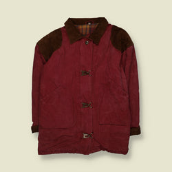 1990s | Spencer Douglas | Fireman Clasp Barn Coat with Corduroy Collar & Shoulder Panels | Burgundy - 3XL