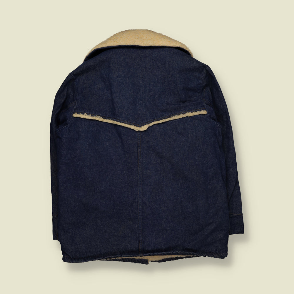 1970s | Sears | Sherpa Lined Denim Ranch Jacket with Western Yoke | Dark Blue - L