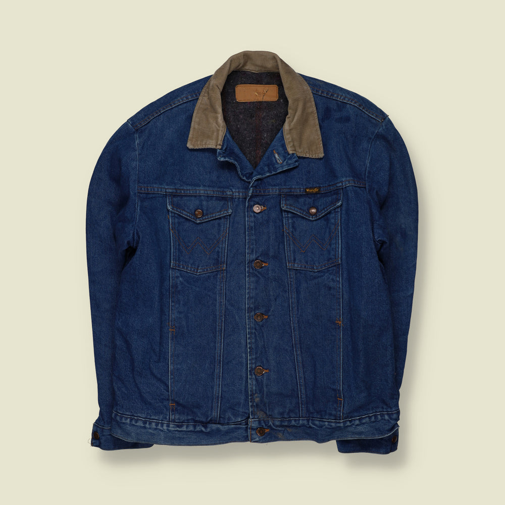 1980s | Wrangler | Blanket Lined Denim Trucker Jacket with Corduroy Collar | Blue - XL