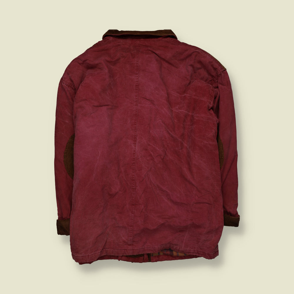 1990s | Spencer Douglas | Fireman Clasp Barn Coat with Corduroy Collar & Shoulder Panels | Burgundy - 3XL