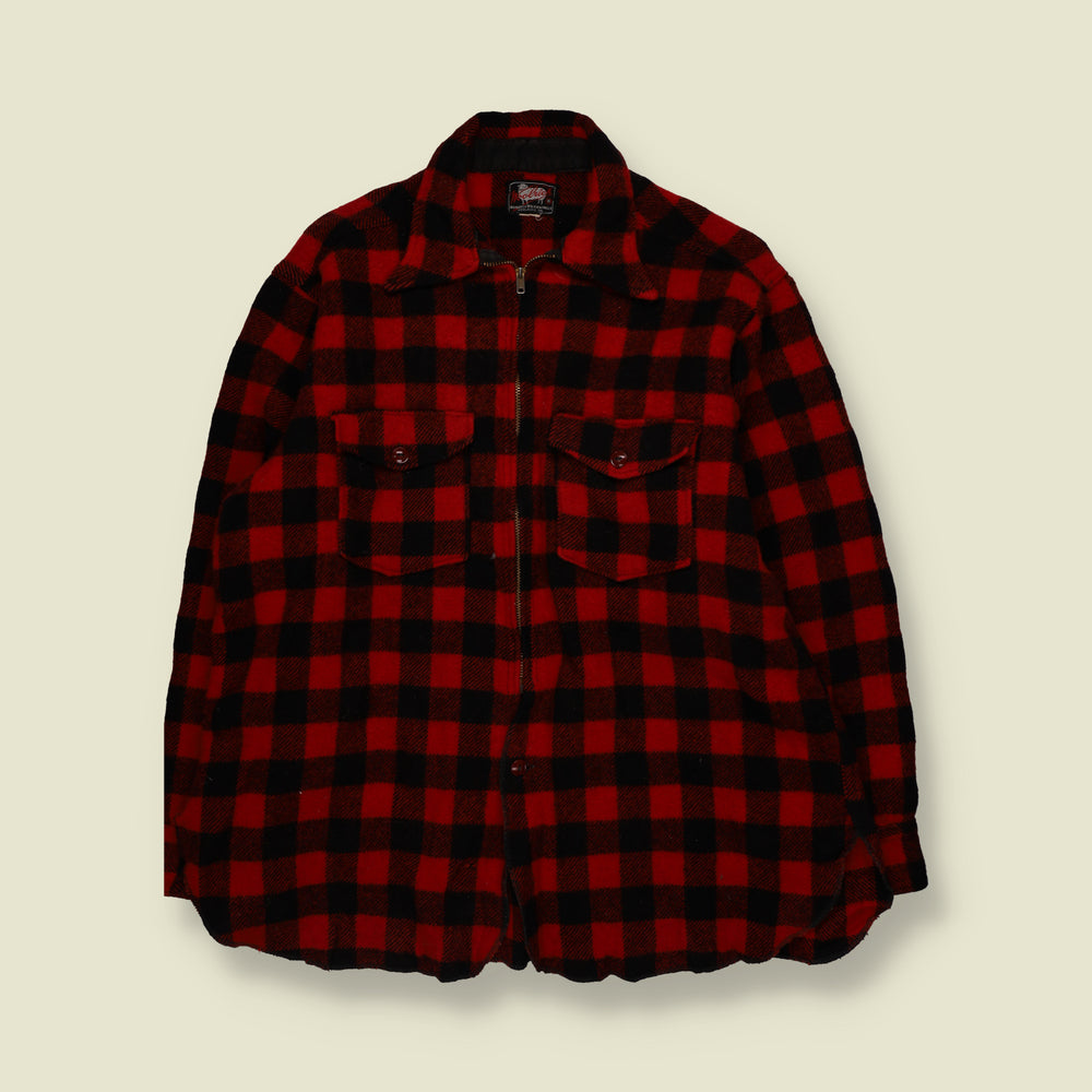 1950s | Woolrich | Buffalo Plaid Check Zip-Up Wool Hunting Shirt | Red & Black - XL