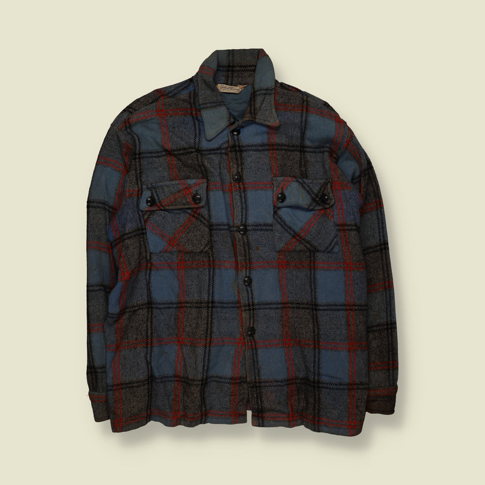 1970s | Plaid Check Lined Lumberjack Work Shirt | Blue, Grey & Red - XXL