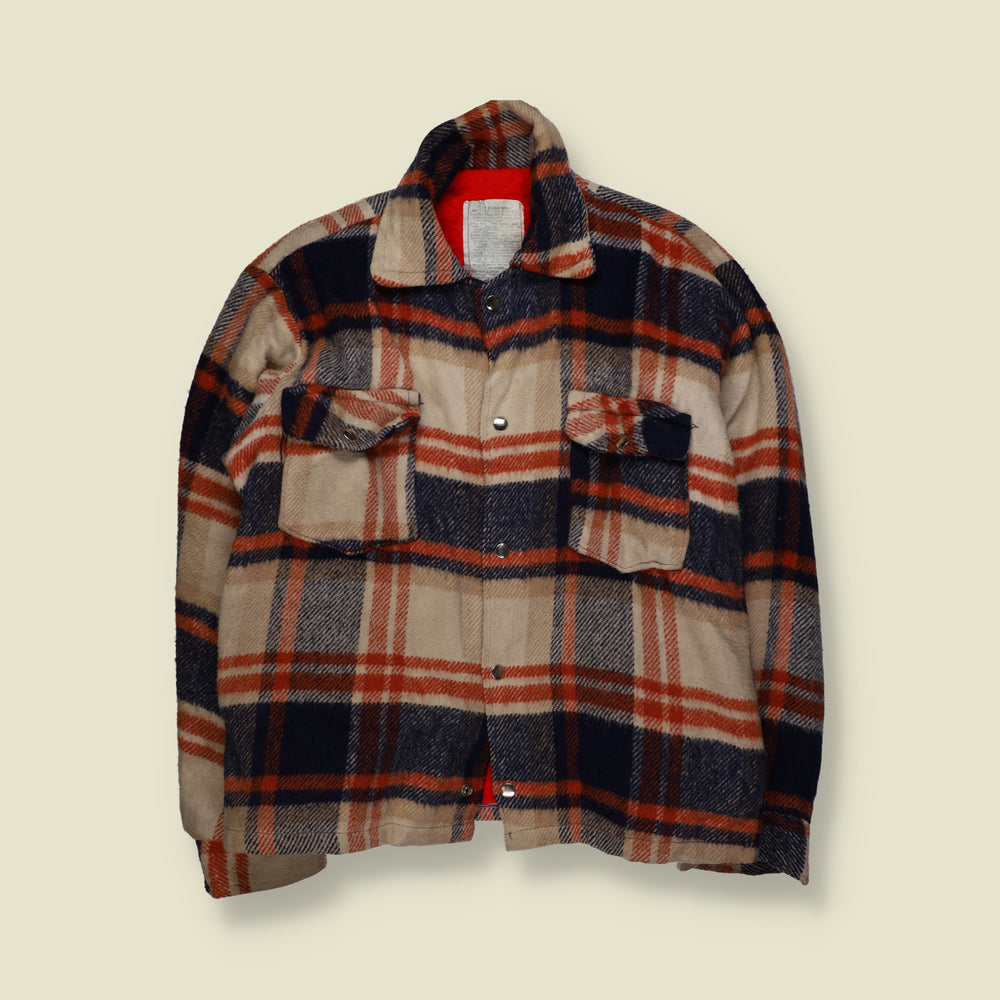 1970s | Lined Plaid Check Snap-Front Lumberjack Work Jacket | Cream, Navy & Rust - L