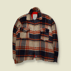 1970s | Lined Plaid Check Snap-Front Lumberjack Work Jacket | Cream, Navy & Rust - L