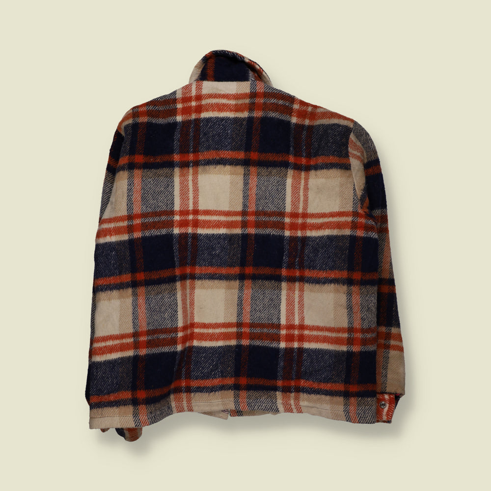 1970s | Lined Plaid Check Snap-Front Lumberjack Work Jacket | Cream, Navy & Rust - L