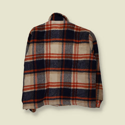 1970s | Lined Plaid Check Snap-Front Lumberjack Work Jacket | Cream, Navy & Rust - L