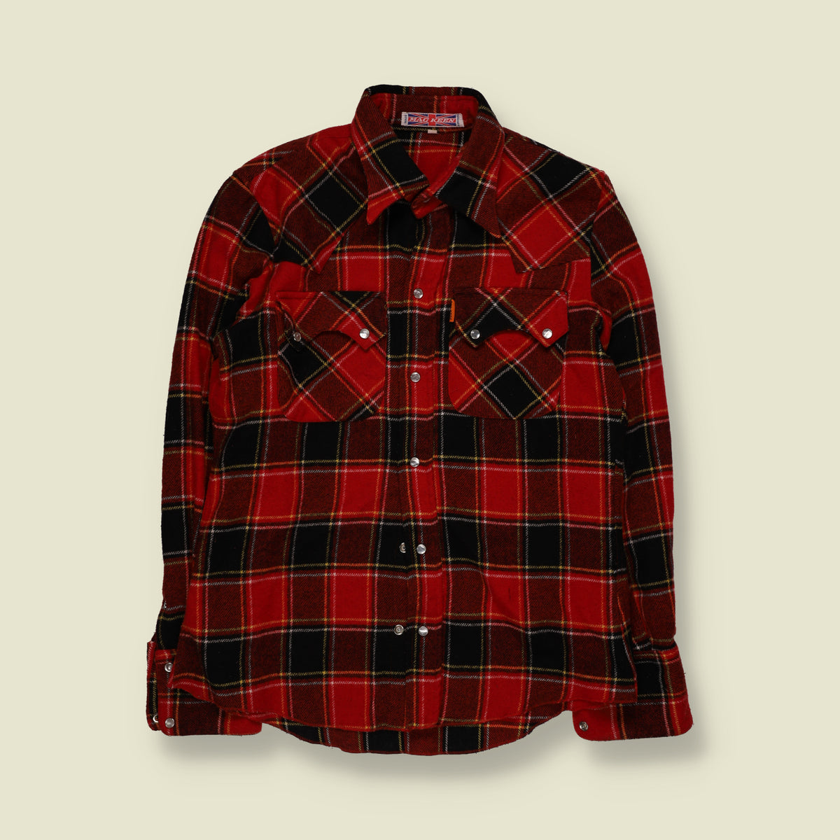 1970s | Plaid Check Western Flannel Snap-Front Shirt | Red & Black - S
