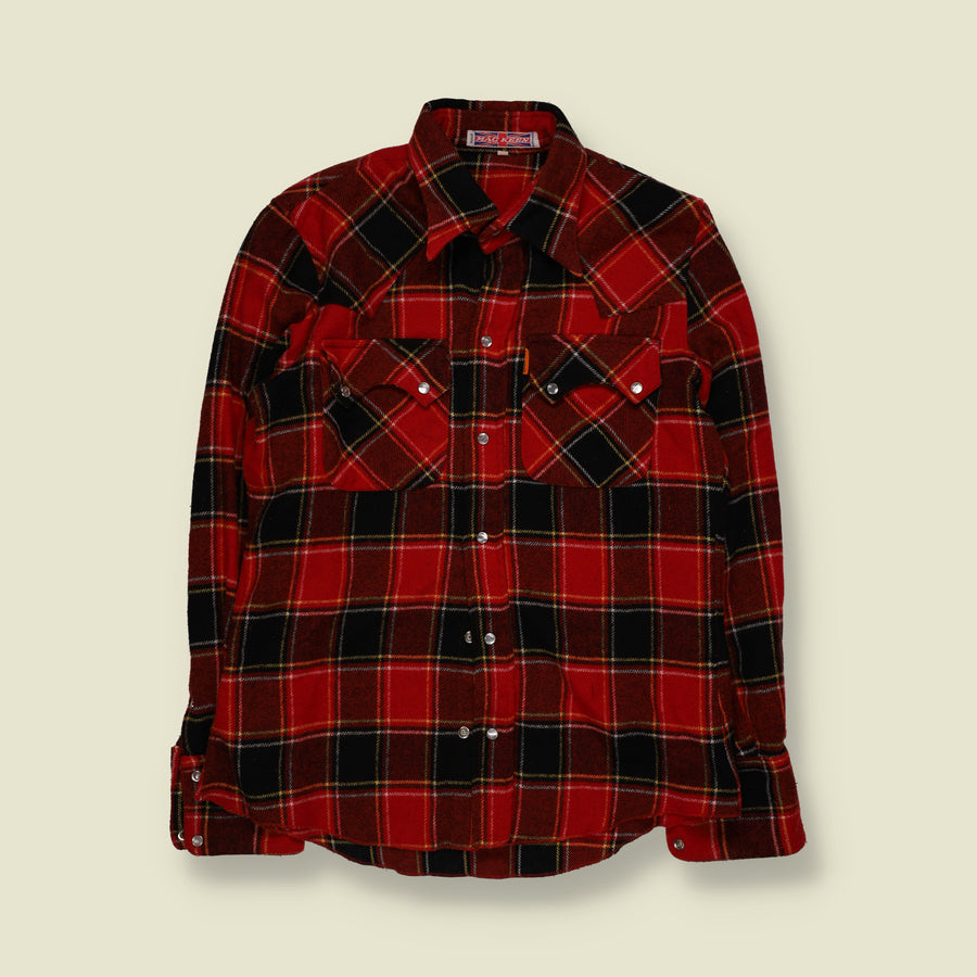 1970s | Plaid Check Western Flannel Snap-Front Shirt | Red & Black - S