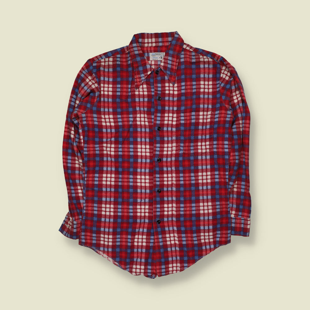 1970s | JCPenney | Lightweight Plaid Check Long Sleeve Flannel Shirt | Red, Blue & White - XS