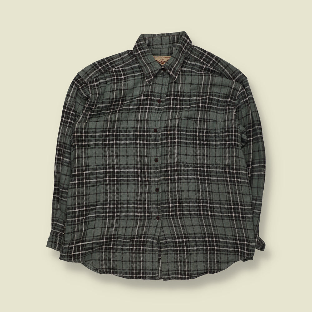 2000s | Woolrich | Plaid Check Long Sleeve Flannel Shirt | Sage Green, Black & White - M