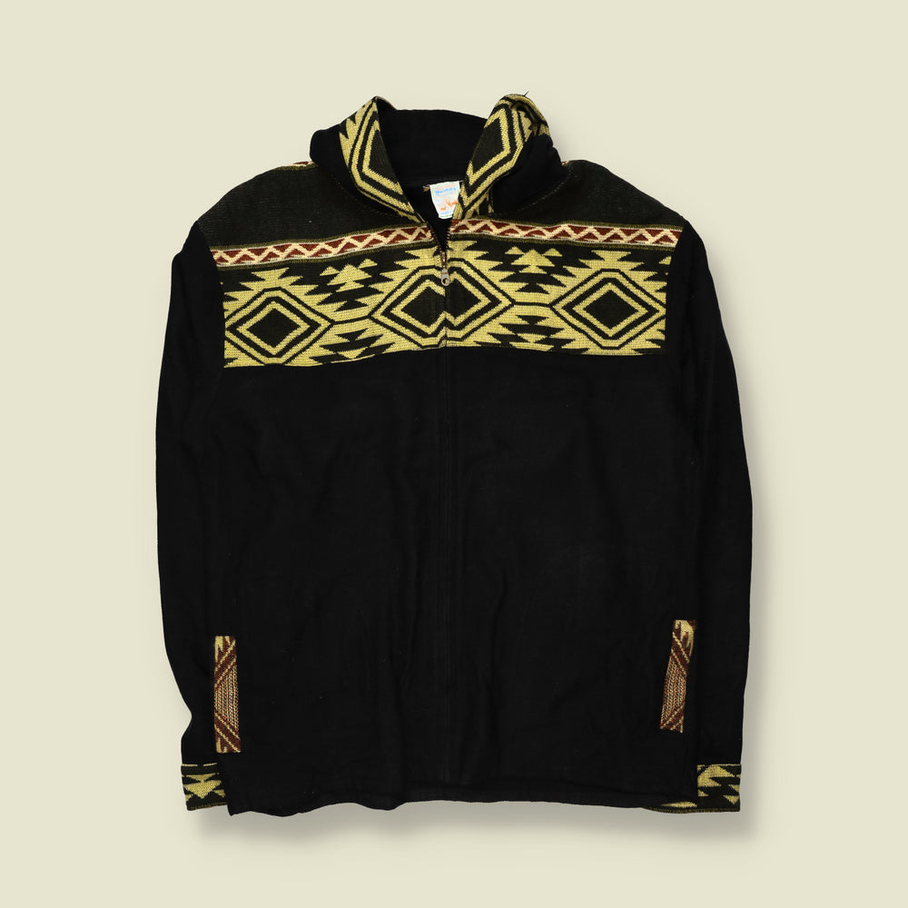 1990s | Crafts Huinay | Lightweight Aztec Geometric Pattern Zip-Up Hooded Top | Black & Yellow - XL