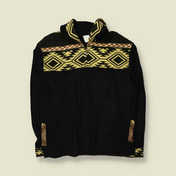 1990s | Crafts Huinay | Lightweight Aztec Geometric Pattern Zip-Up Hooded Top | Black & Yellow - XL