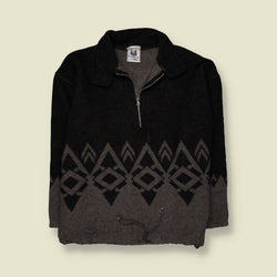 1990s | Ross River | Aztec Geometric Pattern 1/4 Zip Fleece Top | Black & Grey - 4XL