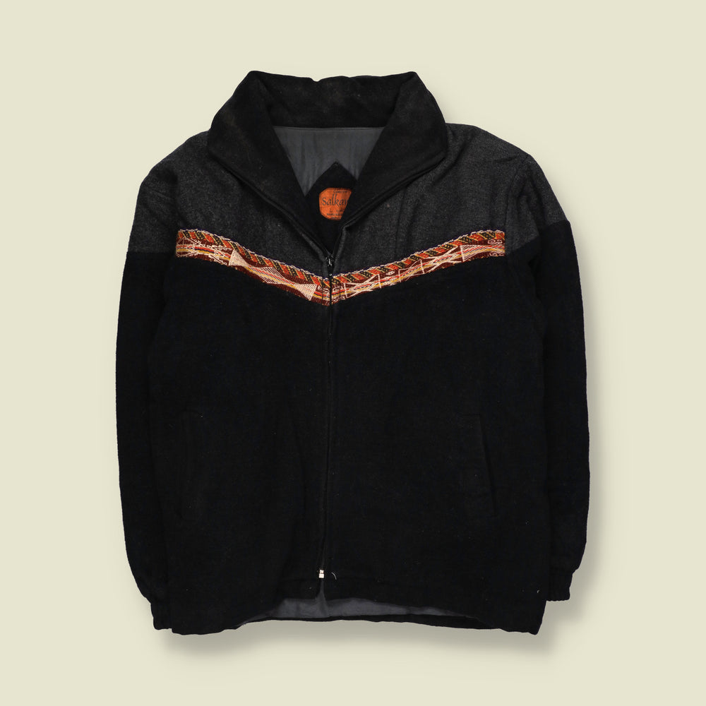 1990s | Salkanto | Alpaca Wool Bomber Jacket with Aztec Pattern Trim | Black & Grey - XXL