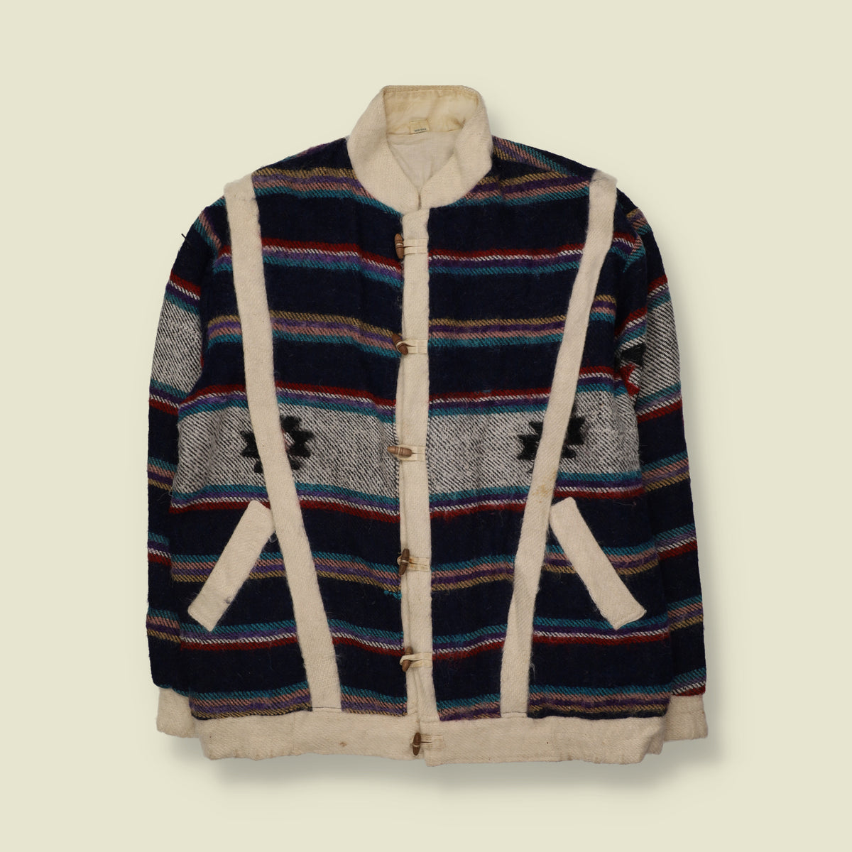 1980s | Nepalese Cotton Striped Jacket with Toggle Fastenings & Contrast Trim | Navy & Cream - XL