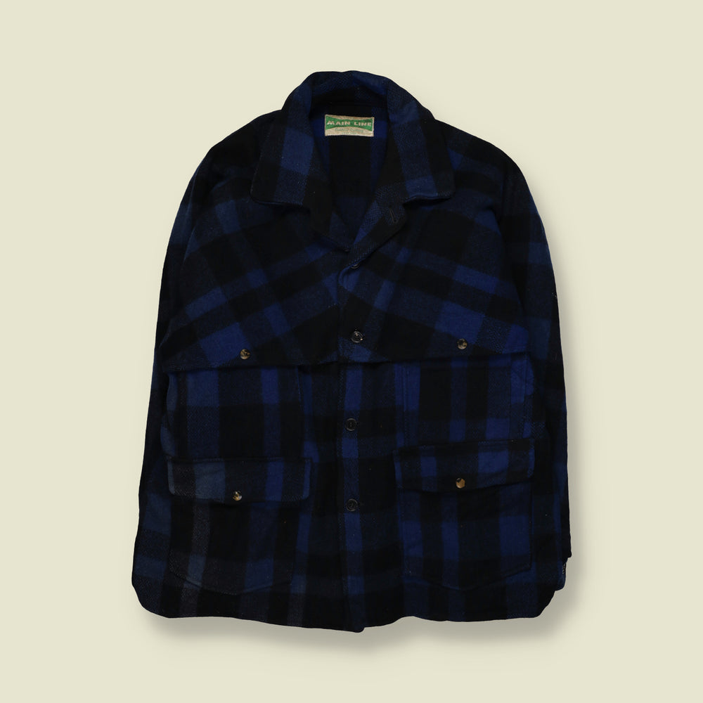 1960s | Main Line | Heavyweight Buffalo Plaid Mackinaw Work Jacket | Blue & Black | Union Made NY - XL