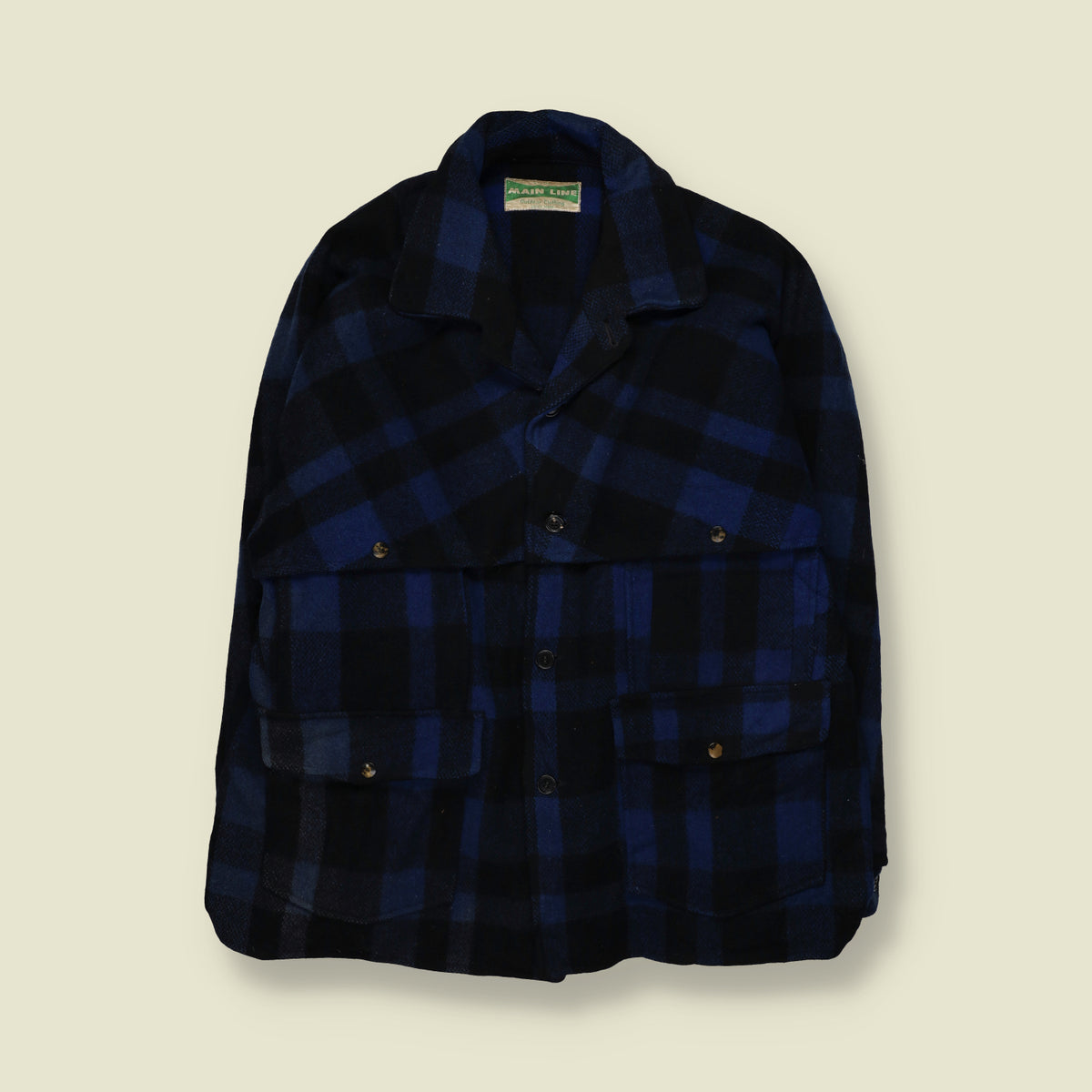 1960s | Main Line | Heavyweight Buffalo Plaid Mackinaw Work Jacket | Blue & Black | Union Made NY - XL