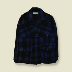 1960s | Main Line | Heavyweight Buffalo Plaid Mackinaw Work Jacket | Blue & Black | Union Made NY - XL