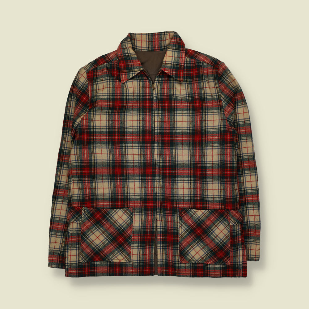 1950s | Reversible Lightweight Plaid Check Zip-Up Work Jacket | Brown, Red, Navy & Cream - S
