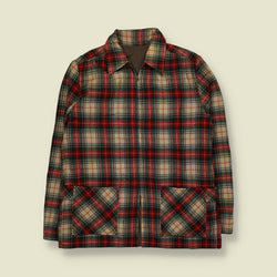1950s | Reversible Lightweight Plaid Check Zip-Up Work Jacket | Brown, Red, Navy & Cream - S
