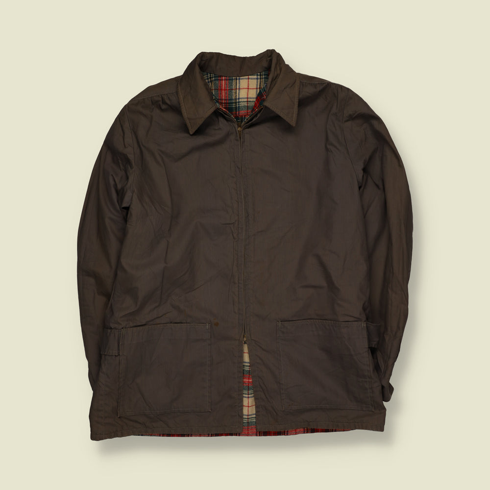 1950s | Reversible Lightweight Plaid Check Zip-Up Work Jacket | Brown, Red, Navy & Cream - S