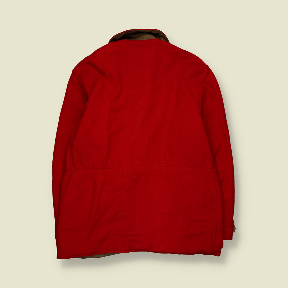 1950s | Reversible Wool & Cotton Zip-Up Hunting Coat with Belt Detail | Red & Brown - XXL