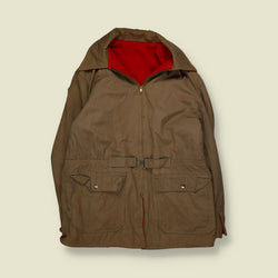 1950s | Reversible Wool & Cotton Zip-Up Hunting Coat with Belt Detail | Red & Brown - XXL