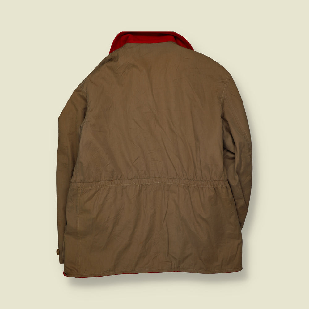 1950s | Reversible Wool & Cotton Zip-Up Hunting Coat with Belt Detail | Red & Brown - XXL