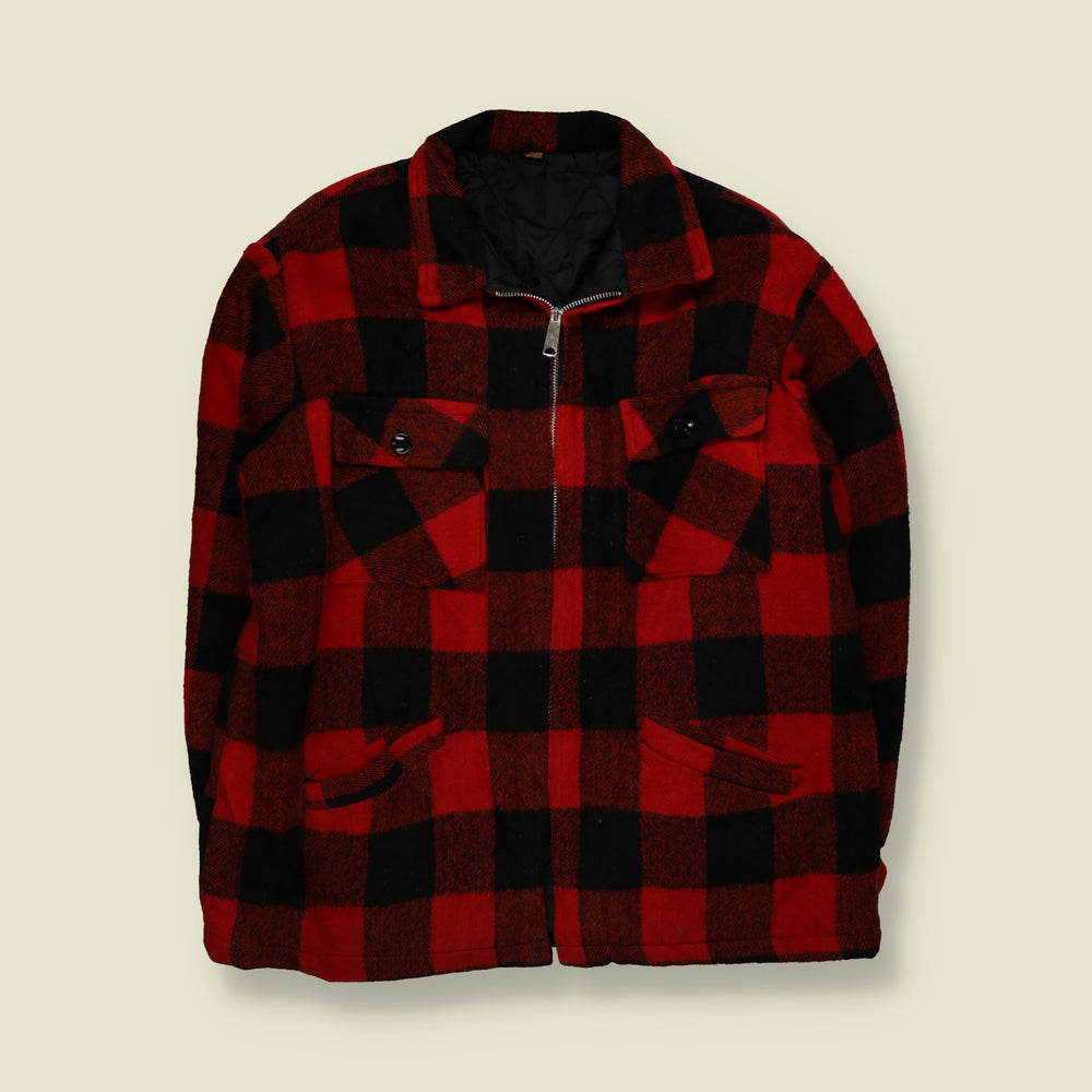 1960s | Buffalo Plaid Check Quilted Lined Zip-Up Lumberjack Work Jacket | Red & Black - XXL
