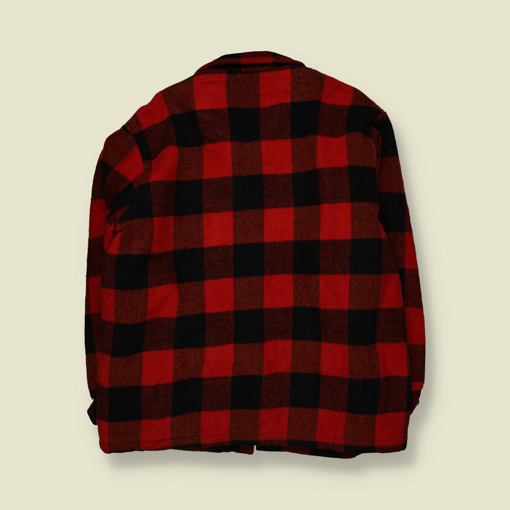 1960s | Buffalo Plaid Check Quilted Lined Zip-Up Lumberjack Work Jacket | Red & Black - XXL
