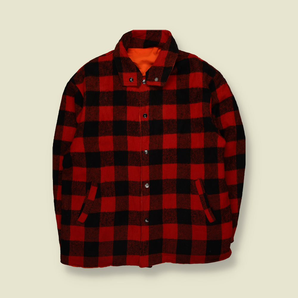 1960s | Fully Reversible Buffalo Plaid Check Work Coat | Red, Black & Orange - XL
