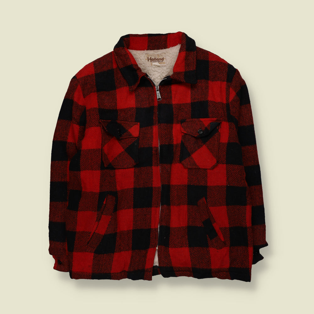 1980s | Holland Sportswear | Buffalo Plaid Check Sherpa Lined Zip-Up Work Jacket | Red & Black - XXL