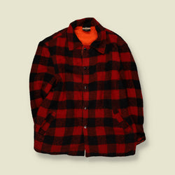 1970s | Reversible Buffalo Plaid Check Snap-Front Work Jacket | Red, Black & Orange - L