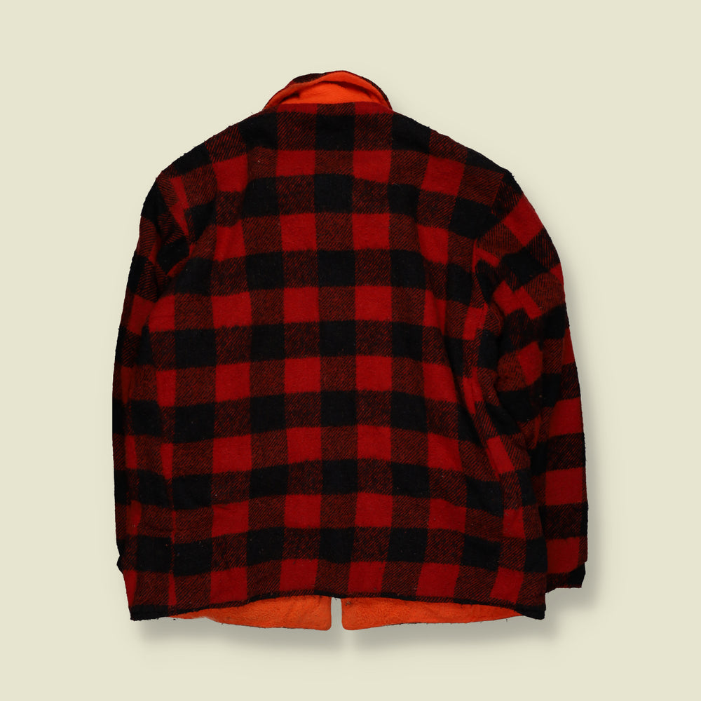 1970s | Reversible Buffalo Plaid Check Snap-Front Work Jacket | Red, Black & Orange - L