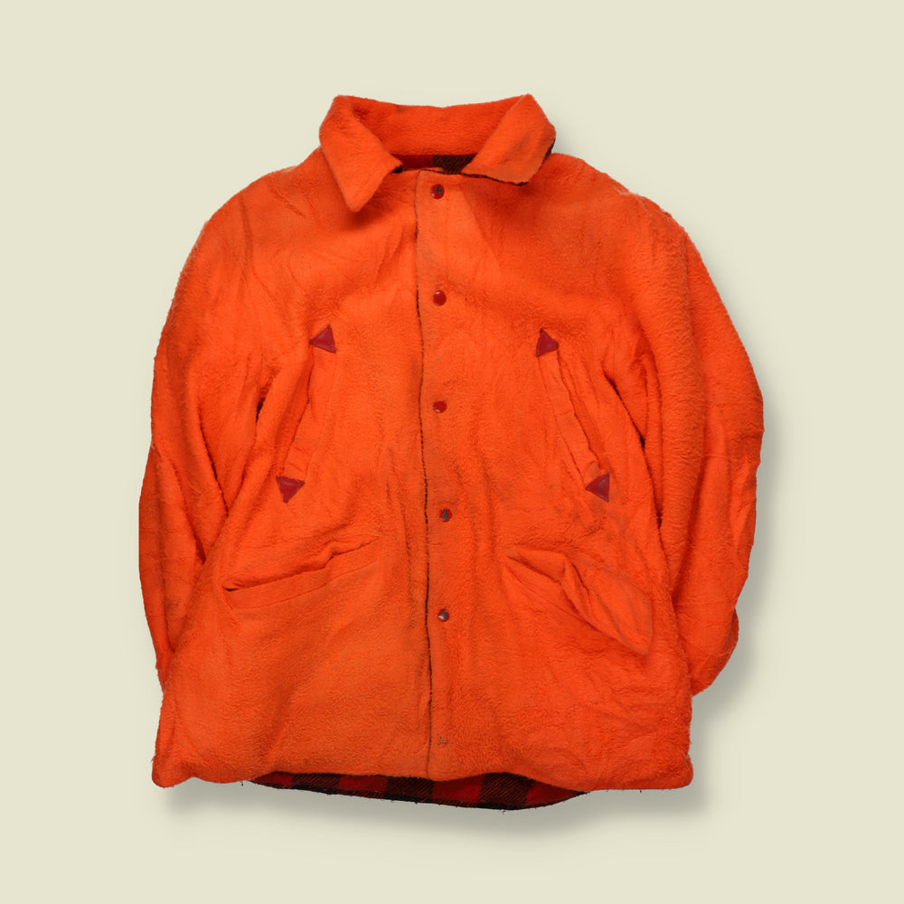 1970s | Reversible Buffalo Plaid Check Snap-Front Work Jacket | Red, Black & Orange - L