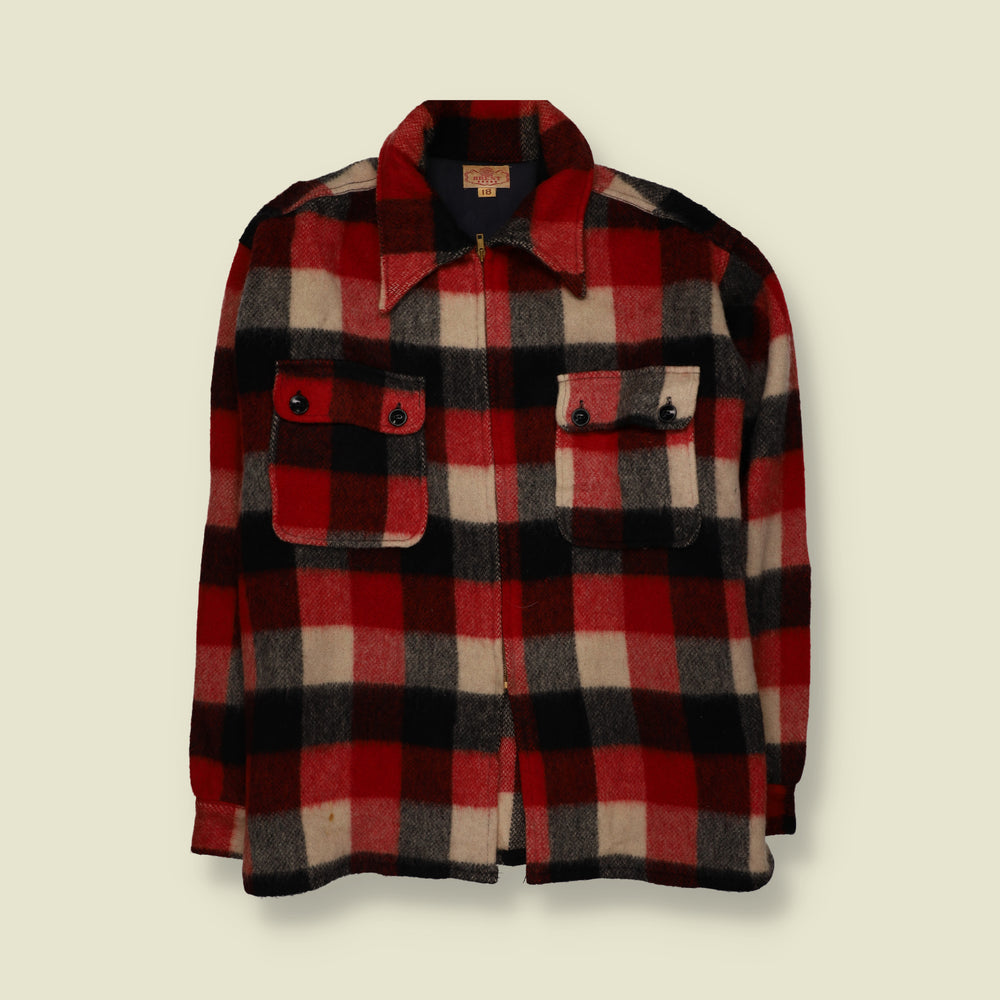 1970s | Brent | Heavyweight Plaid Check Zip-Up Lumberjack Work Jacket | Red, Black & Cream - 5XL