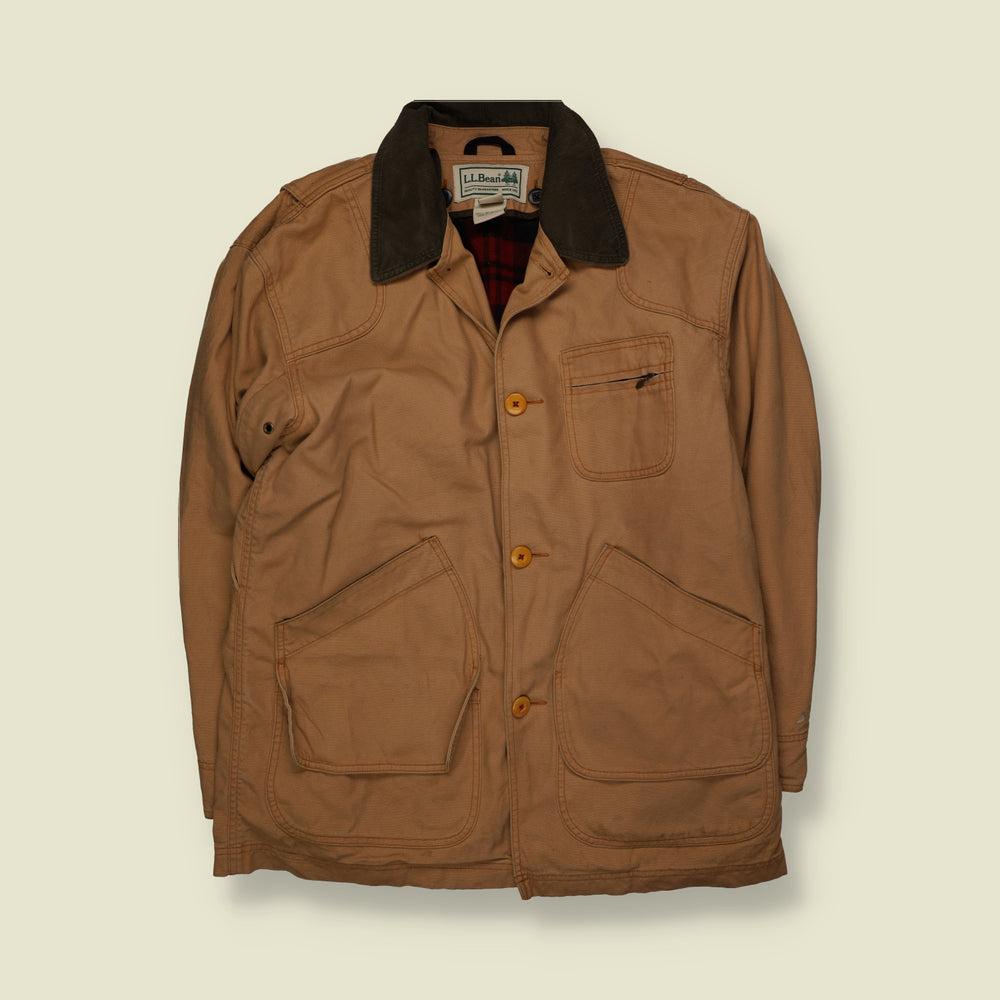 1990s | L.L. Bean | Plaid Lined Barn Coat with Corduroy Collar | Tan - XL