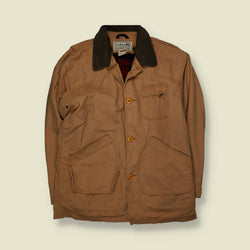 1990s | L.L. Bean | Plaid Lined Barn Coat with Corduroy Collar | Tan - XL
