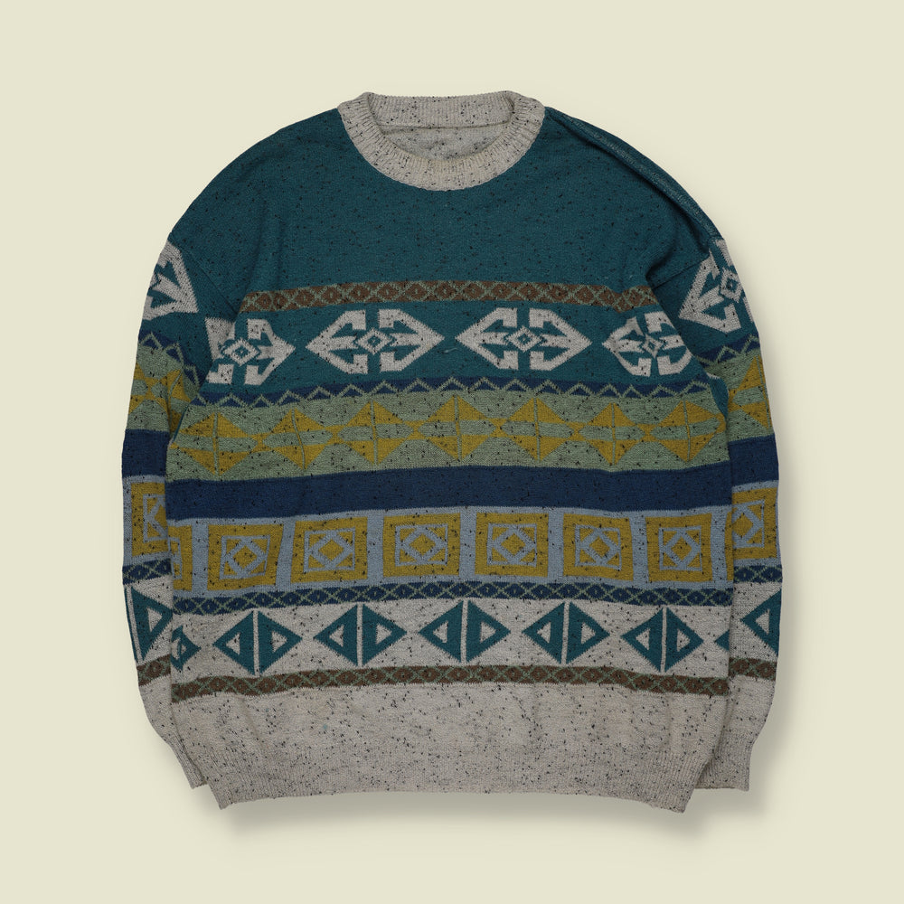 1980s | Aztec Geometric Pattern Crew Neck Jumper | Teal, Grey & Mustard - XL
