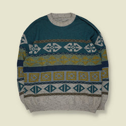 1980s | Aztec Geometric Pattern Crew Neck Jumper | Teal, Grey & Mustard - XL