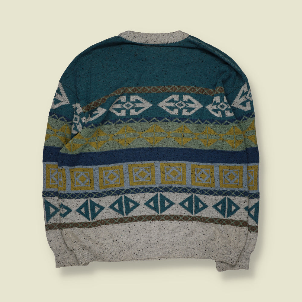 1980s | Aztec Geometric Pattern Crew Neck Jumper | Teal, Grey & Mustard - XL