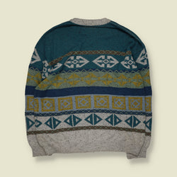 1980s | Aztec Geometric Pattern Crew Neck Jumper | Teal, Grey & Mustard - XL