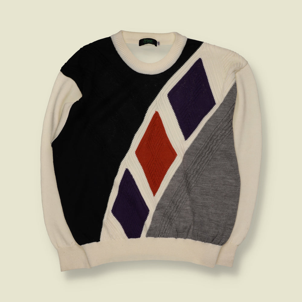 1980s | Sp Seven | Geometric Diamond Pattern Crew Neck Jumper | Black, Cream, Grey & Purple - XL