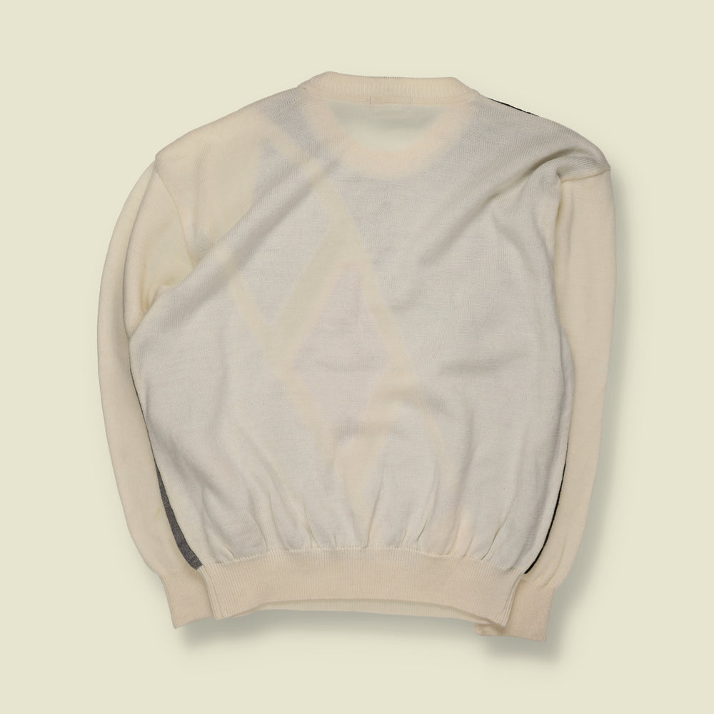 1980s | Sp Seven | Geometric Diamond Pattern Crew Neck Jumper | Black, Cream, Grey & Purple - XL