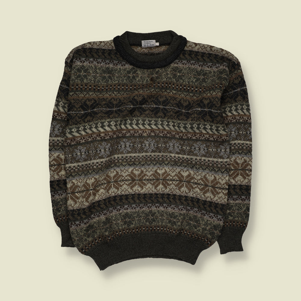 1980s | Fair Isle Pattern Wool Blend Crew Neck Jumper | Brown, Grey & Green - XL