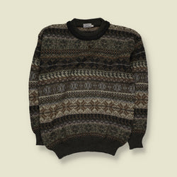 1980s | Fair Isle Pattern Wool Blend Crew Neck Jumper | Brown, Grey & Green - XL