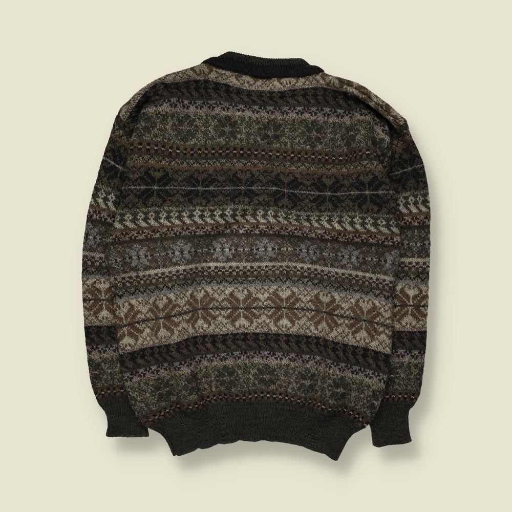 1980s | Fair Isle Pattern Wool Blend Crew Neck Jumper | Brown, Grey & Green - XL